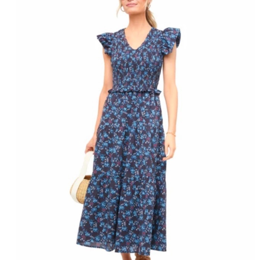 Sea New York Tilly Smocked Tiered Midi Dress Pockets Flutter Sleeves Ruffle 10